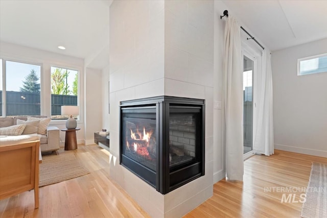 details featuring recessed lighting, baseboards, wood finished floors, and a fireplace