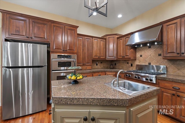 kitchen with sink, a center island with sink, wall chimney exhaust hood, and stainless steel appliances