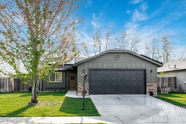 ranch-style house with board and batten siding, brick siding, fence, concrete driveway, and an attached garage
