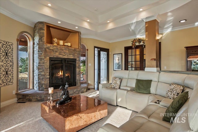 9105 W Mcmillan, Nampa, ID 83687 - living area featuring carpet flooring, a fireplace, recessed lighting, crown molding, and baseboards