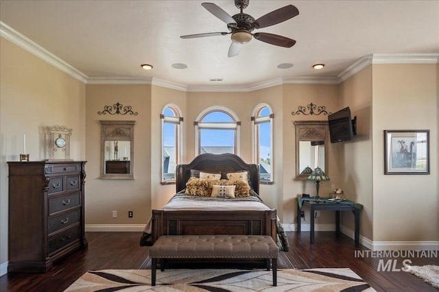 9105 W Mcmillan, Nampa, ID 83687 - bedroom featuring baseboards, dark wood-style flooring, ornamental molding, and a ceiling fan