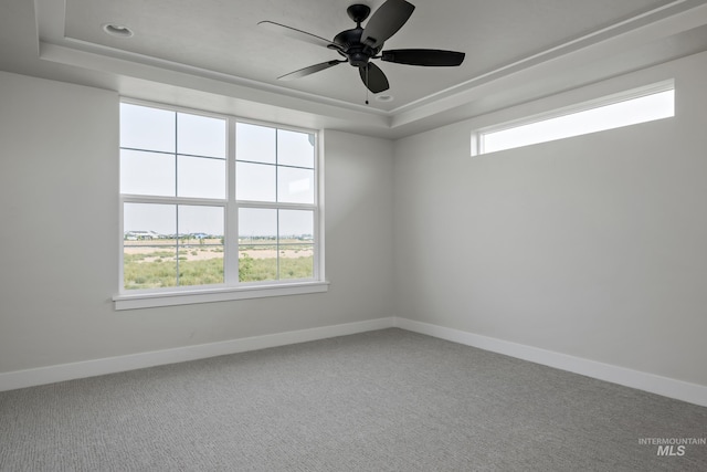 carpeted empty room with ceiling fan and a raised ceiling