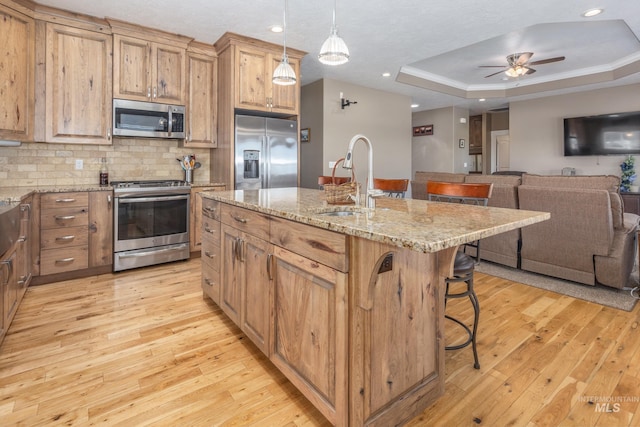 120 S Marko Ln, Kuna, ID 83634 - kitchen featuring appliances with stainless steel finishes, a sink, light wood-style flooring, and open floor plan