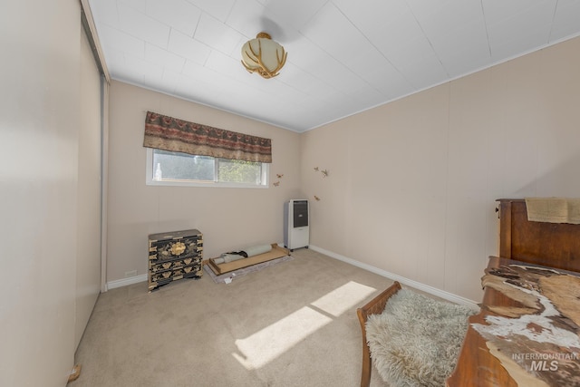 interior space featuring carpet flooring, baseboards, and heating unit