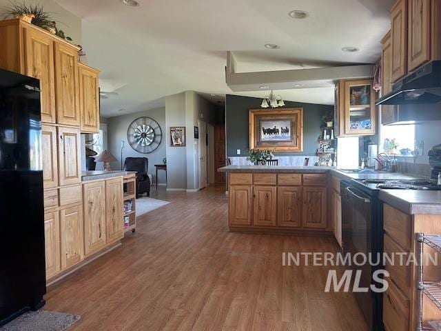 16 E 300 S Unit 16E 300S, Fairfield, ID 83327 - kitchen featuring black appliances, a peninsula, under cabinet range hood, wood finished floors, and baseboards
