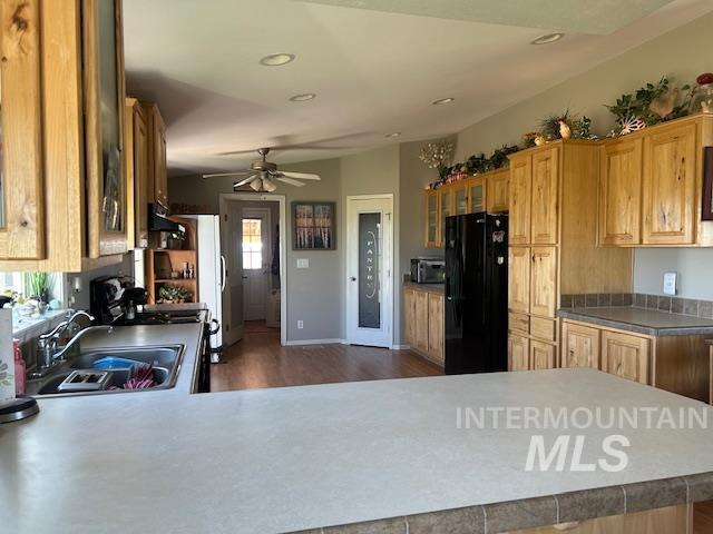 16 E 300 S Unit 16E 300S, Fairfield, ID 83327 - kitchen with freestanding refrigerator, a sink, ceiling fan, recessed lighting, and dark wood-style flooring
