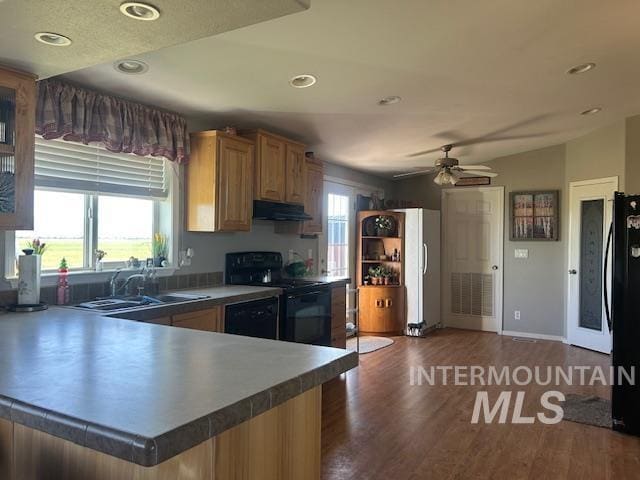 16 E 300 S Unit 16E 300S, Fairfield, ID 83327 - kitchen with black appliances, under cabinet range hood, dark wood-type flooring, recessed lighting, and a peninsula