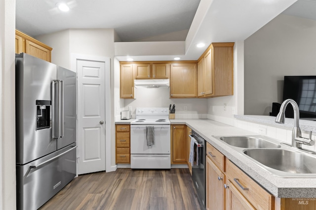 5509 Aspenwood Ave, Caldwell, ID 83607 - kitchen featuring high end refrigerator, white range with electric cooktop, under cabinet range hood, dishwashing machine, and dark wood-style floors