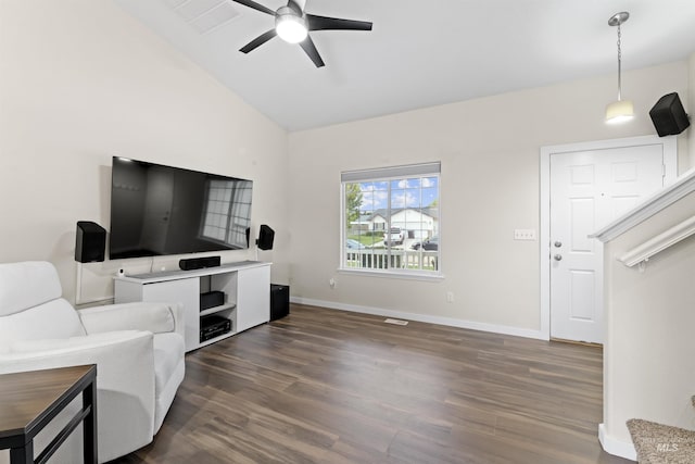 5509 Aspenwood Ave, Caldwell, ID 83607 - living room with dark wood-type flooring, lofted ceiling, and a ceiling fan