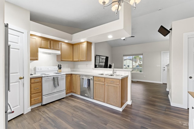 5509 Aspenwood Ave, Caldwell, ID 83607 - kitchen with stainless steel dishwasher, white electric range, a peninsula, under cabinet range hood, and light countertops