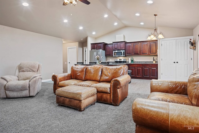 living area with high vaulted ceiling, recessed lighting, carpet flooring, a ceiling fan, and baseboards