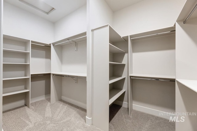 walk in closet featuring light colored carpet and attic access