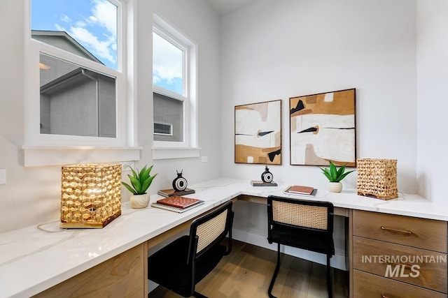 home office featuring built in desk and dark wood-style flooring