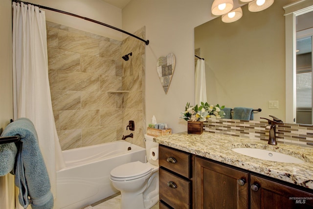 full bathroom with shower / bath combination with curtain, vanity, toilet, and decorative backsplash