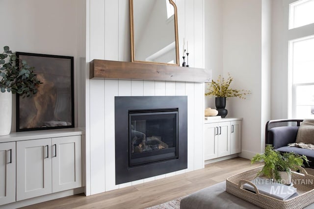 living room featuring a glass covered fireplace, a healthy amount of sunlight, and light wood finished floors