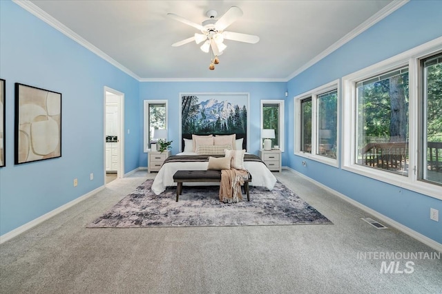 2368 SE 5th Way, Meridian, ID 83642 - bedroom with carpet flooring, crown molding, ceiling fan, and ensuite bath