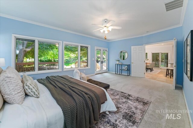2368 SE 5th Way, Meridian, ID 83642 - bedroom featuring access to exterior, carpet floors, ornamental molding, and ceiling fan