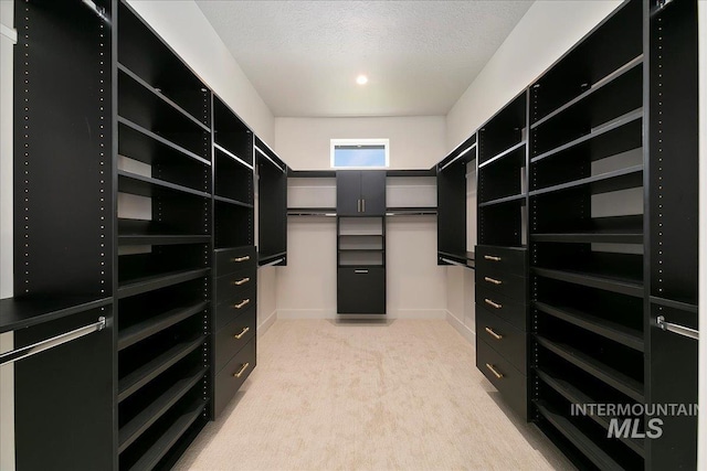 walk in closet with light carpet