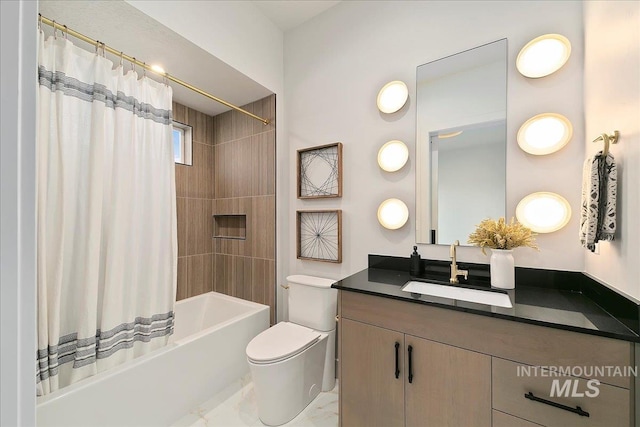 full bathroom with vanity, shower / bathtub combination with curtain, and toilet