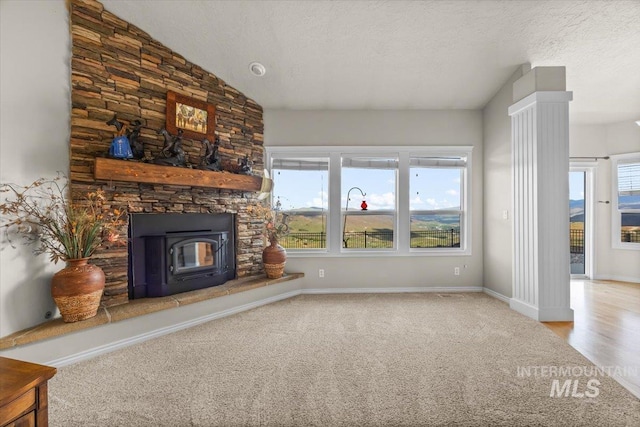 160 Summit Ridge Rd, Horseshoe Bend, ID 83629 - unfurnished living room with carpet, vaulted ceiling, a textured ceiling, and baseboards