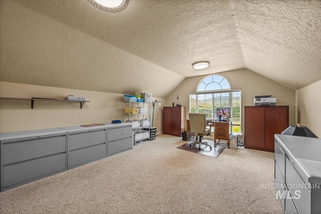 160 Summit Ridge Rd, Horseshoe Bend, ID 83629 - office area featuring a textured ceiling, vaulted ceiling, and light carpet