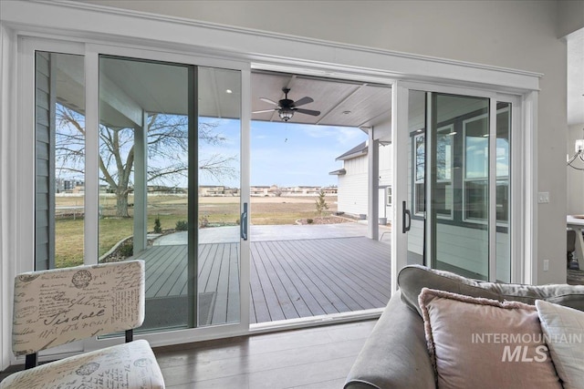 doorway to outside featuring a ceiling fan and wood finished floors