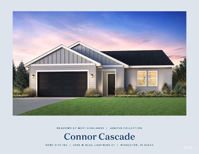 2096 W Blue Lightning St, Middleton, ID 83644 - view of front of property with board and batten siding, a lawn, a garage, concrete driveway, and a shingled roof