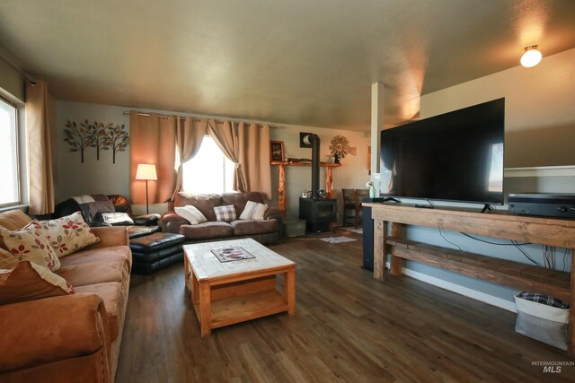 living room with a wood stove and dark hardwood / wood-style floors