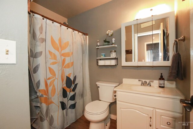 bathroom featuring oversized vanity, toilet, and wood-type flooring