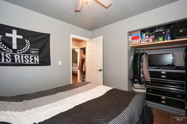 bedroom featuring a closet, ceiling fan, and dark hardwood / wood-style flooring