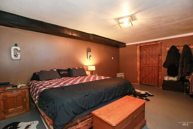 carpeted bedroom with crown molding