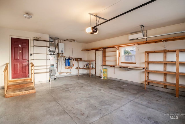 garage with a garage door opener and water heater