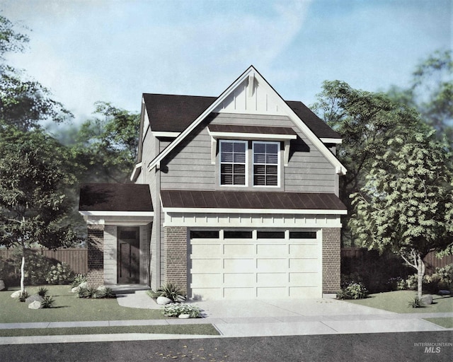 view of front of property with board and batten siding, driveway, fence, and a garage
