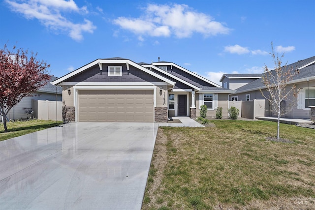 craftsman inspired home with concrete driveway, fence, stone siding, and a garage