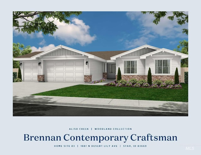 view of front of property featuring a garage, a front lawn, stone siding, board and batten siding, and driveway