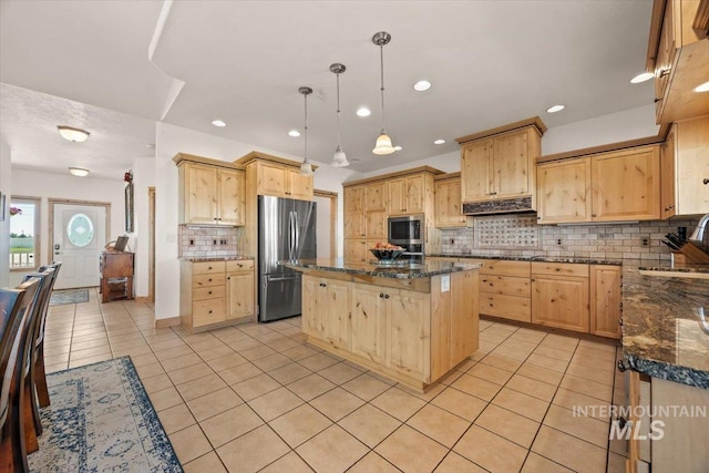 3415 Marble Front Rd, Caldwell, ID 83605 - kitchen with appliances with stainless steel finishes, light brown cabinetry, light tile patterned flooring, and recessed lighting
