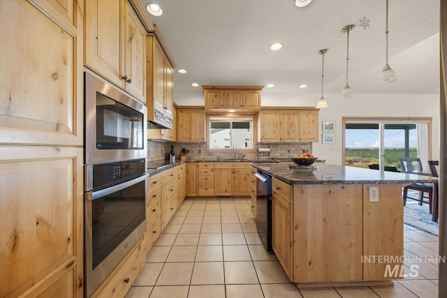 3415 Marble Front Rd, Caldwell, ID 83605 - kitchen featuring light brown cabinetry, stainless steel appliances, light tile patterned floors, tasteful backsplash, and recessed lighting