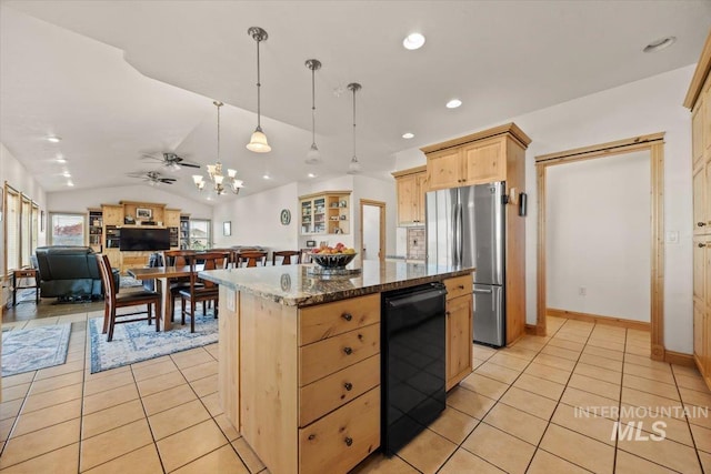 3415 Marble Front Rd, Caldwell, ID 83605 - kitchen featuring freestanding refrigerator, light brown cabinetry, light tile patterned floors, vaulted ceiling, and a kitchen island