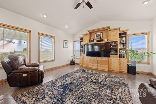 3415 Marble Front Rd, Caldwell, ID 83605 - living room featuring lofted ceiling, a ceiling fan, baseboards, recessed lighting, and wood finished floors