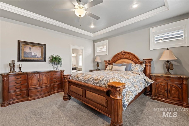 4071 S Twilight Rise Ave, Meridian, ID 83642 - bedroom with light carpet, a raised ceiling, crown molding, multiple windows, and connected bathroom