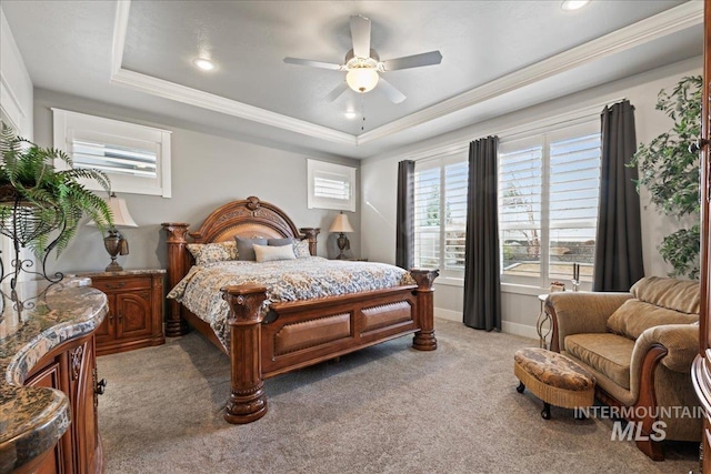 4071 S Twilight Rise Ave, Meridian, ID 83642 - bedroom featuring a tray ceiling, light colored carpet, crown molding, a ceiling fan, and recessed lighting