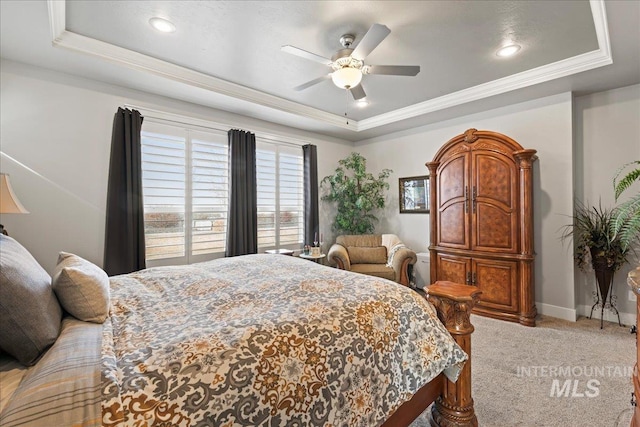 4071 S Twilight Rise Ave, Meridian, ID 83642 - bedroom featuring a raised ceiling, carpet, crown molding, and ceiling fan