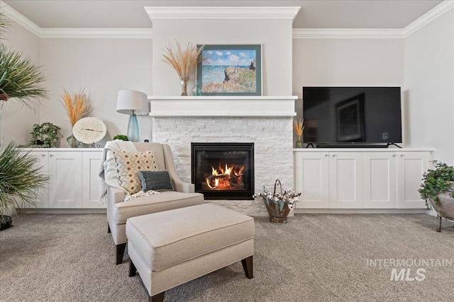 4071 S Twilight Rise Ave, Meridian, ID 83642 - living area with carpet flooring, ornamental molding, and a stone fireplace