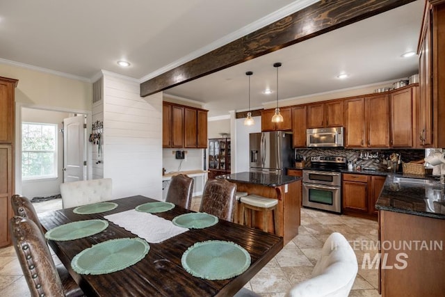 1027 Larkspur, Moscow, ID 83843 - dining room with crown molding, light tile patterned flooring, and recessed lighting