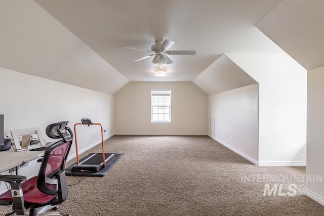 1027 Larkspur, Moscow, ID 83843 - exercise room with carpet floors, lofted ceiling, a ceiling fan, and baseboards