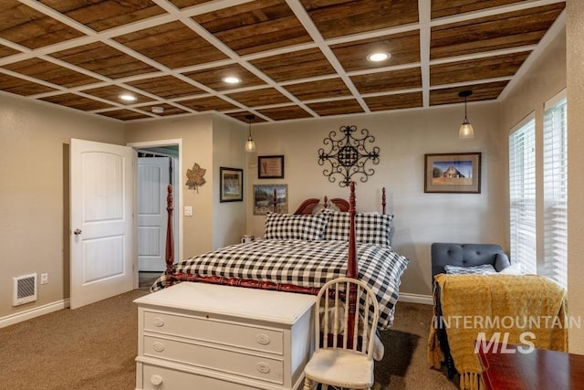 1027 Larkspur, Moscow, ID 83843 - bedroom with dark carpet, baseboards, coffered ceiling, wood ceiling, and recessed lighting