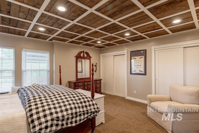 1027 Larkspur, Moscow, ID 83843 - carpeted bedroom with wood ceiling, two closets, coffered ceiling, baseboards, and recessed lighting