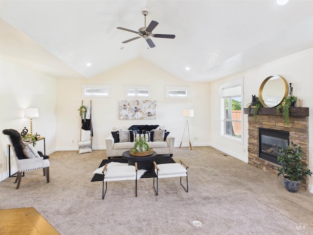 9389 W Wildbranch, Star, ID 83669 - living room with carpet, a fireplace, a ceiling fan, lofted ceiling, and baseboards