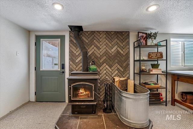 1011 Filer Ave W, Twin Falls, ID 83301 - interior space featuring a textured ceiling, a wood stove, and carpet floors