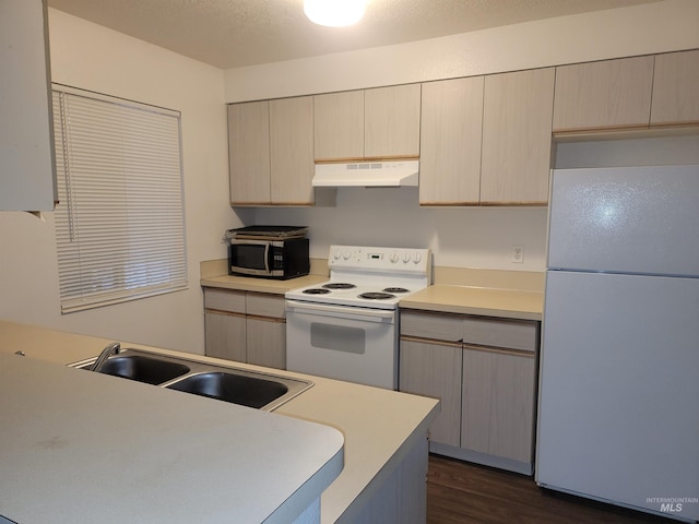 kitchen featuring white appliances, dark wood-style floors, a sink, light countertops, and under cabinet range hood